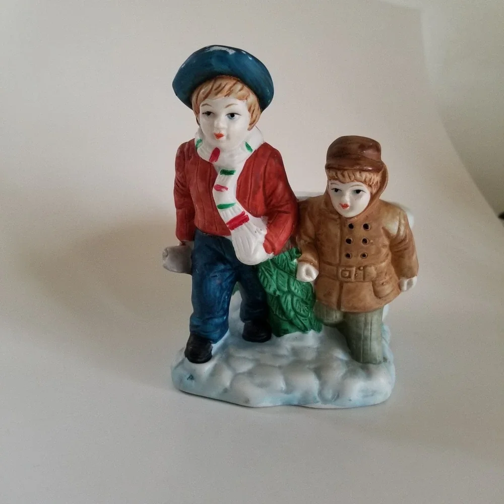 Vintage Ceramic Christmas Planter Boys Carrying Tree Winter Figurine Decor